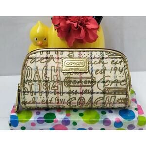Coach Gold Coated Canvas Leather Trim Zipper Closure Cosmetic Pouch Wallet